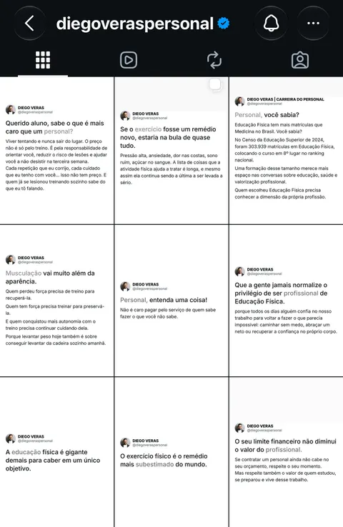 Grade do perfil verificado @diegoveraspersonal com posts feitos nos templates do Puro Suco