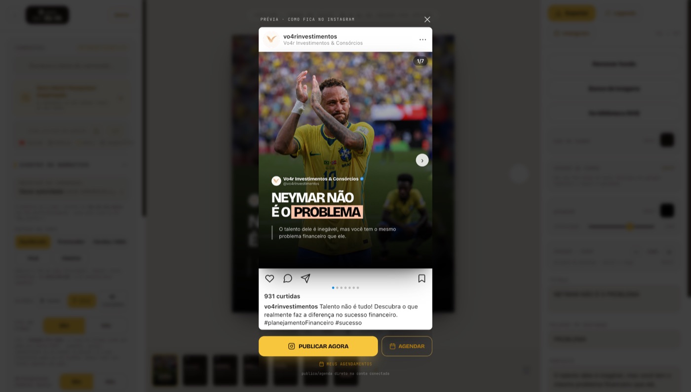 Editor do Puro Suco da IA com carrossel diagramado e prévia de como fica no Instagram